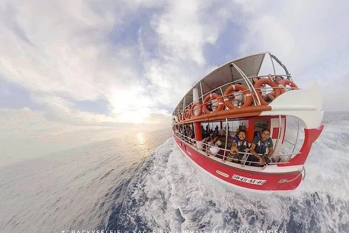 Trimaran bow heading offshore from Mirissa on a Mirissa whale watching tour in southern Sri Lanka